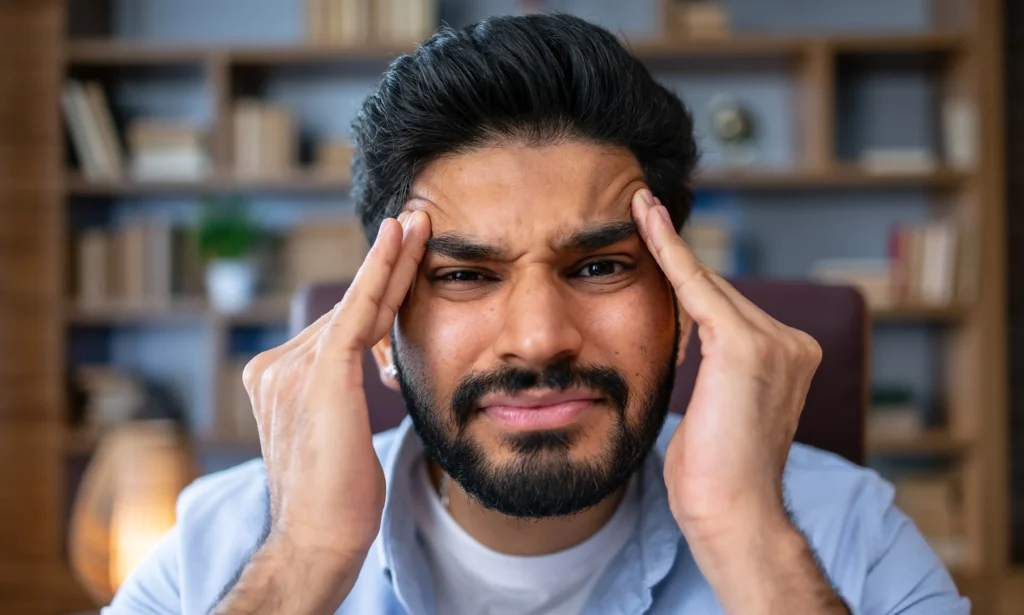 شاب مصاب بصداع نصفي مزمن يضع كلتا يديه على رأسه