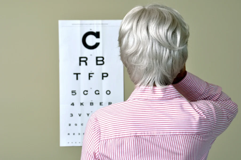 An elderly woman seen from behind standing in front of an eye chart, wearing a pink-striped shirt with her hand on the back of her neck